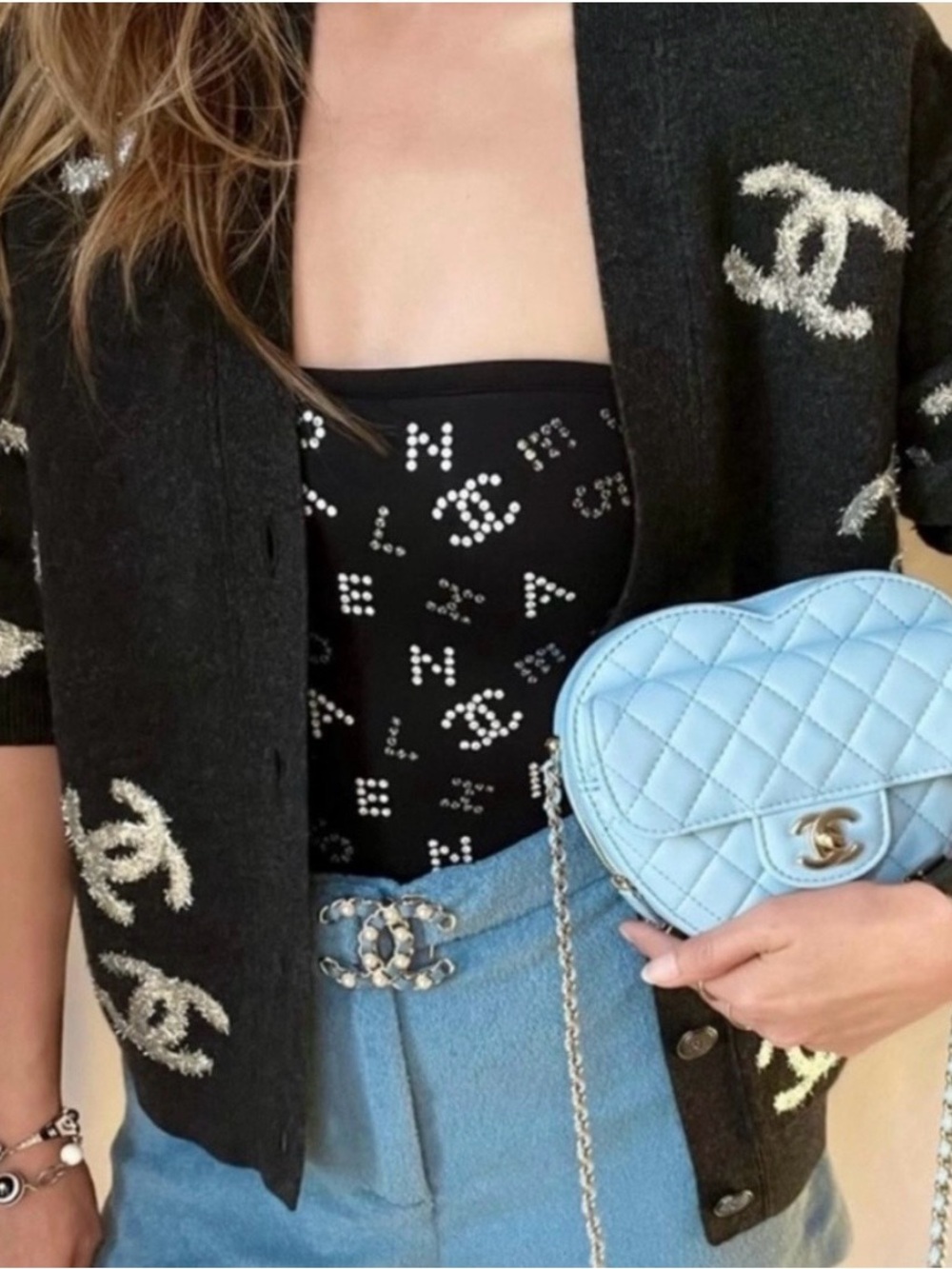 Chanel- like Black Cardigan with Silver CC tinsel Embellishments - Picture 2 of 9